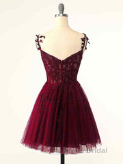 Burgundy A-Line Tulle Lace Short Formal Prom Dresses, Cute Burgundy Homecoming Dresses