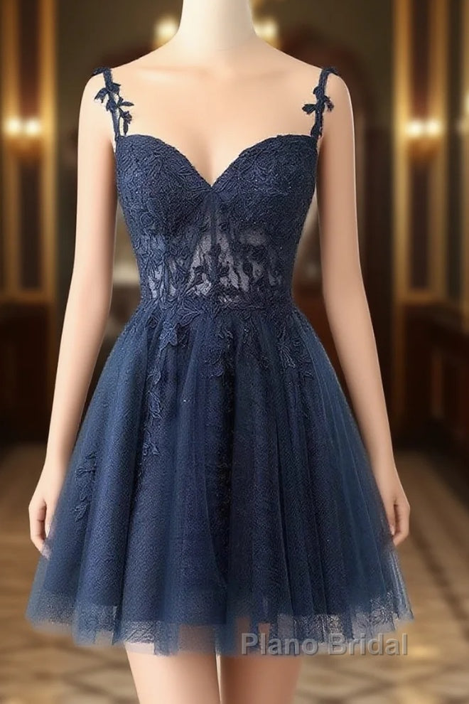 Burgundy A-Line Tulle Lace Short Formal Prom Dresses, Cute Burgundy Homecoming Dresses Main image