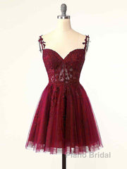 Burgundy A-Line Tulle Lace Short Formal Prom Dresses, Cute Burgundy Homecoming Dresses