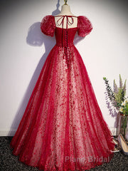 Burgundy A line tulle long Formal Prom dress burgundy evening dress