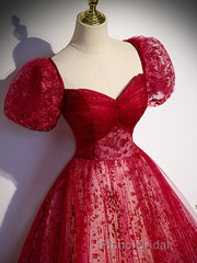 Burgundy A line tulle long Formal Prom dress burgundy evening dress