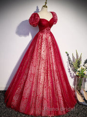 Burgundy A line tulle long Formal Prom dress burgundy evening dress