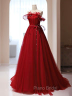 Burgundy A-Line Tulle Long Formal Prom Dresses, Burgundy Tulle Formal Dresses
