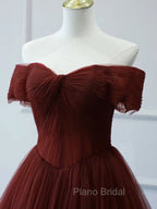 Burgundy A line Tulle Long Formal Prom Dresses, Burgundy Long Bridesmaid Dresses