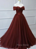 Burgundy A line Tulle Long Formal Prom Dresses, Burgundy Long Bridesmaid Dresses