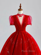 Burgundy A-Line Tulle Sequin Long Formal Prom Dresses, Burgundy Formal Dresses