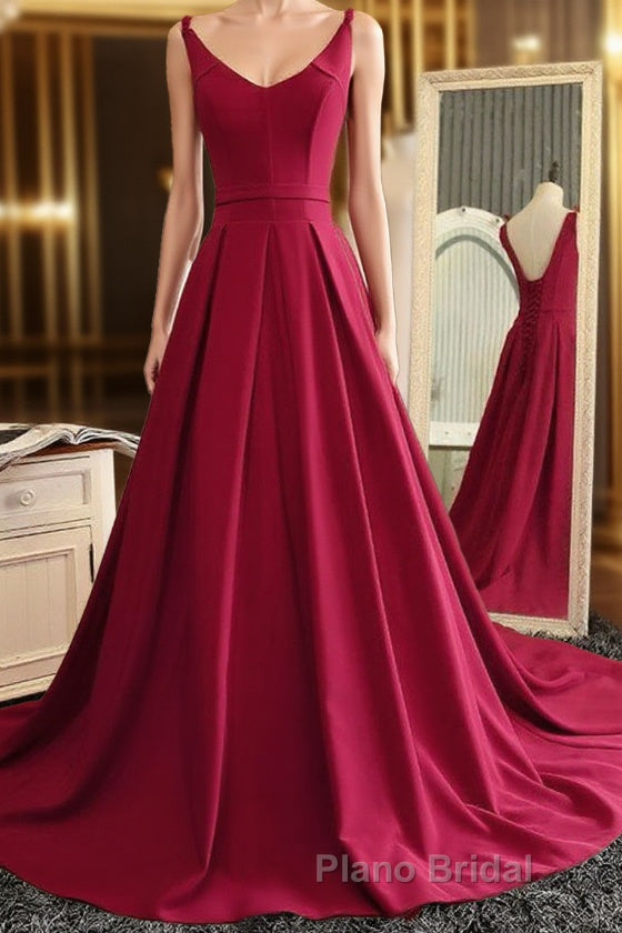 Burgundy A Line V Neck Sweep Train Open Back Satin Long Formal Prom Dress, V Neck Burgundy Formal Dress, Backless Evening Dress Main image