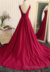 Burgundy A Line V Neck Sweep Train Open Back Satin Long Formal Prom Dress, V Neck Burgundy Formal Dress, Backless Evening Dress