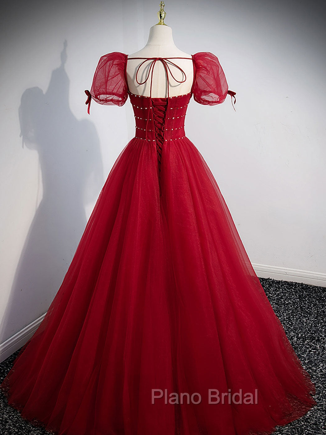 Burgundy Aline Tulle Beads Long Formal Prom Dresses, Burgundy Formal Dresses