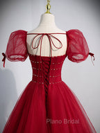 Burgundy Aline Tulle Beads Long Formal Prom Dresses, Burgundy Formal Dresses