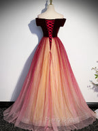 Burgundy Aline Tulle Sequin Long Formal Prom Dresses, Velvet Burgundy Formal Party Dresses