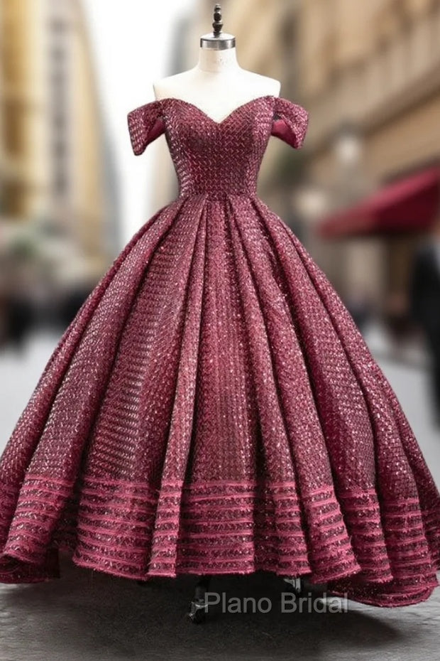 Burgundy Ball Gown Sequins Off the Shoulder Formal Prom Dresses