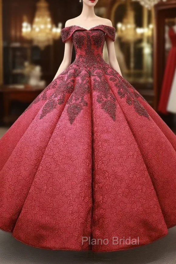 Burgundy Ball Gown Lace Off the Shoulder Appliques Beading Formal Prom Dresses Main image