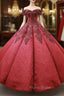 Burgundy Ball Gown Lace Off the Shoulder Appliques Beading Formal Prom Dresses