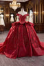 Burgundy Ball Gown Satin Sequins Formal Prom Dresses