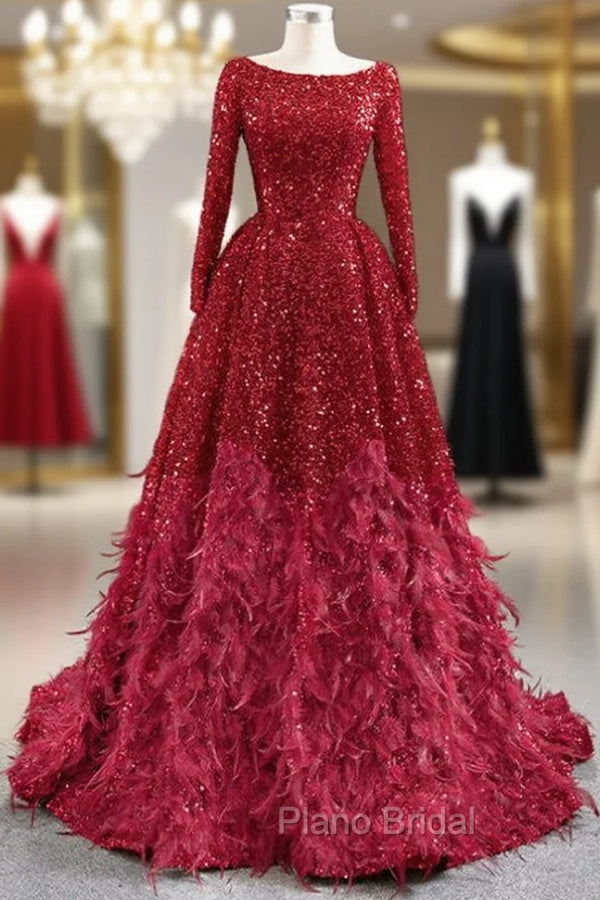 Burgundy Ball Gown Sequins Long Sleeve Feather Formal Prom Dresses