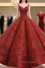 Burgundy Ball Gown Sequins Straps Backless Wedding Dresses