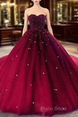 Burgundy Ball Gown Sweetheart Beaded Formal Gown, Burgundy Sweet 16 Dresses