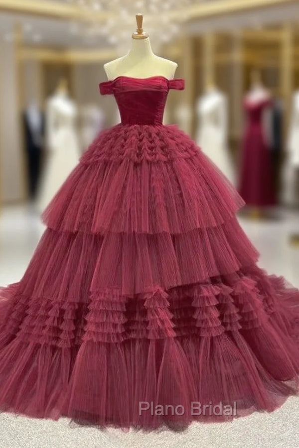Burgundy Ball Gown Tulle Off the Shoulder Pleats Formal Prom Dresses