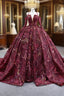 Burgundy Ball Gown Tulle Sequins Long Sleeve Formal Prom Dresses