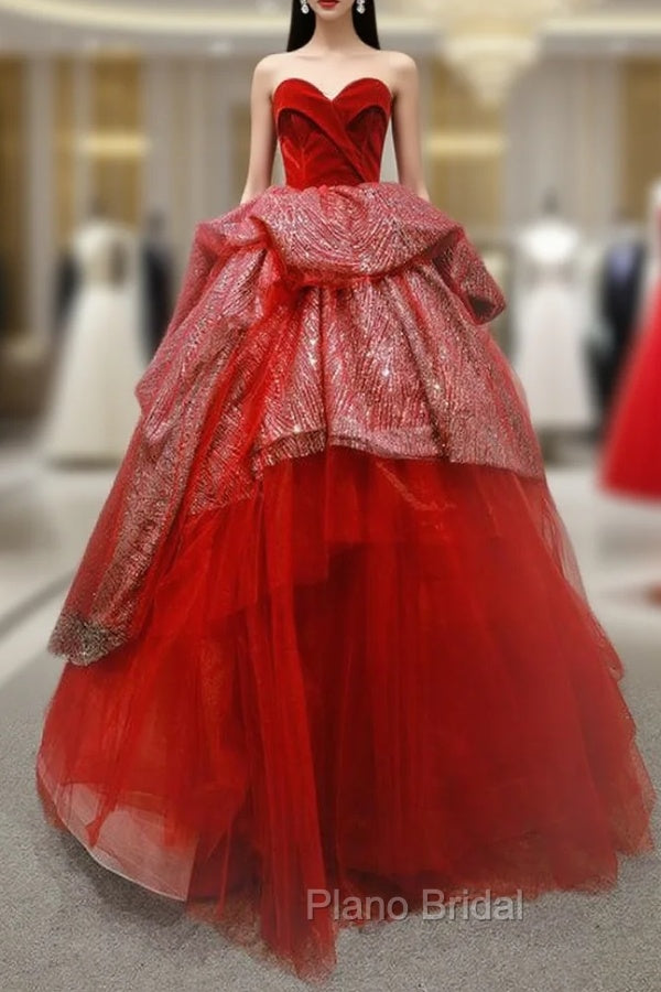 Burgundy Ball Gown Tulle Sequins Sweetheart Luxury Formal Prom Dresses Main image