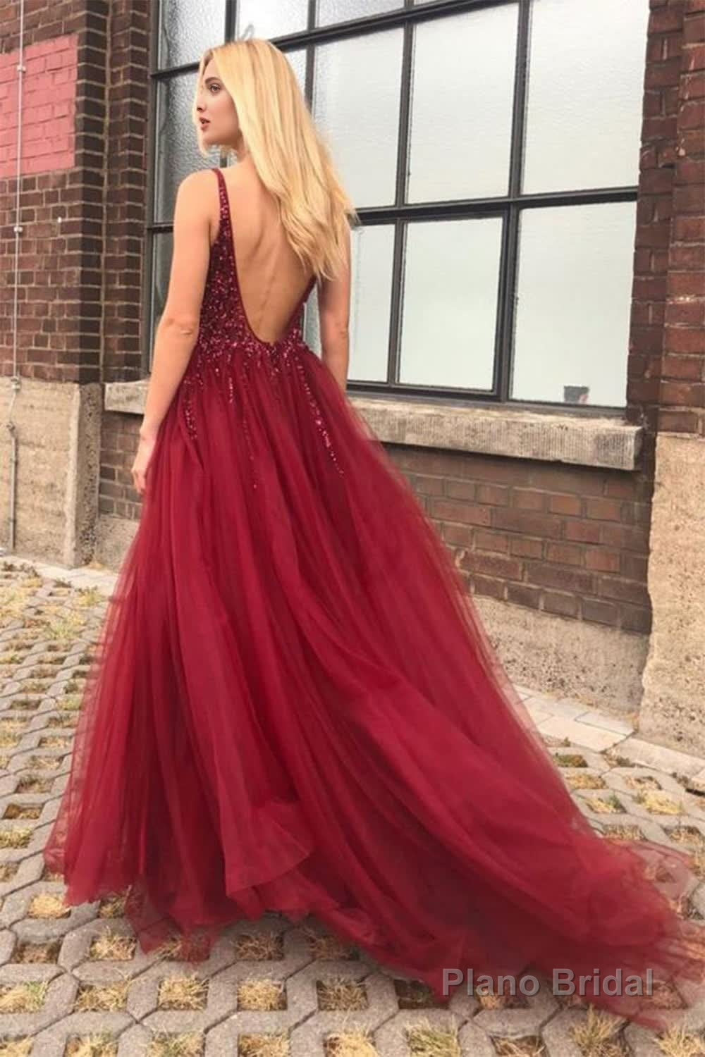 Burgundy Beaded Long Prom Dress with Slit Secondary image