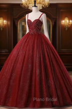 Burgundy Bling Tulle Ball gowns Long Formal Prom Dresses with Embroidered Sequins