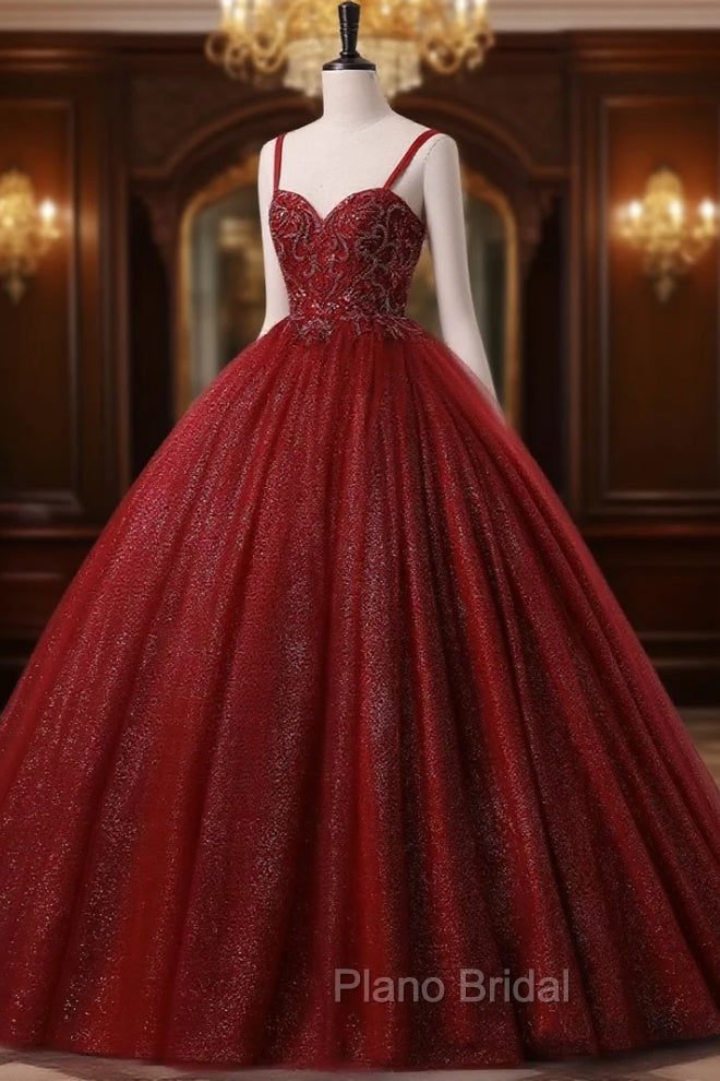 Burgundy Bling Tulle Ball gowns Long Formal Prom Dresses with Embroidered Sequins