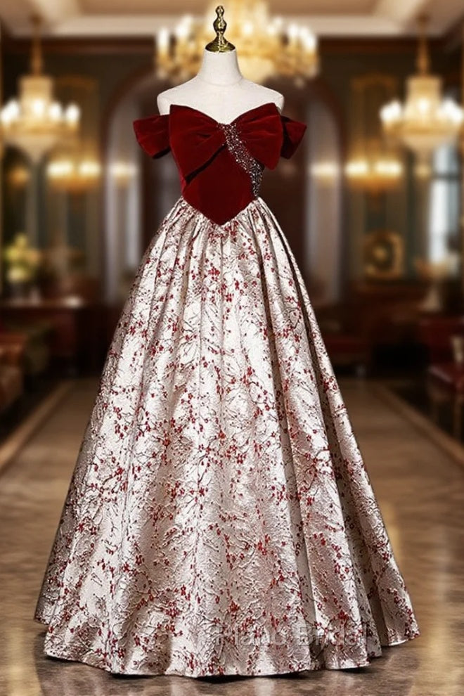 Burgundy Bow Velvet Off the Shoulder Beading Formal Prom Dresses Main image