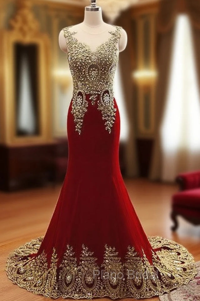 Burgundy Chiffon Lace Applique Long Formal Prom Dresses, Burgundy Evening Dresses Main image