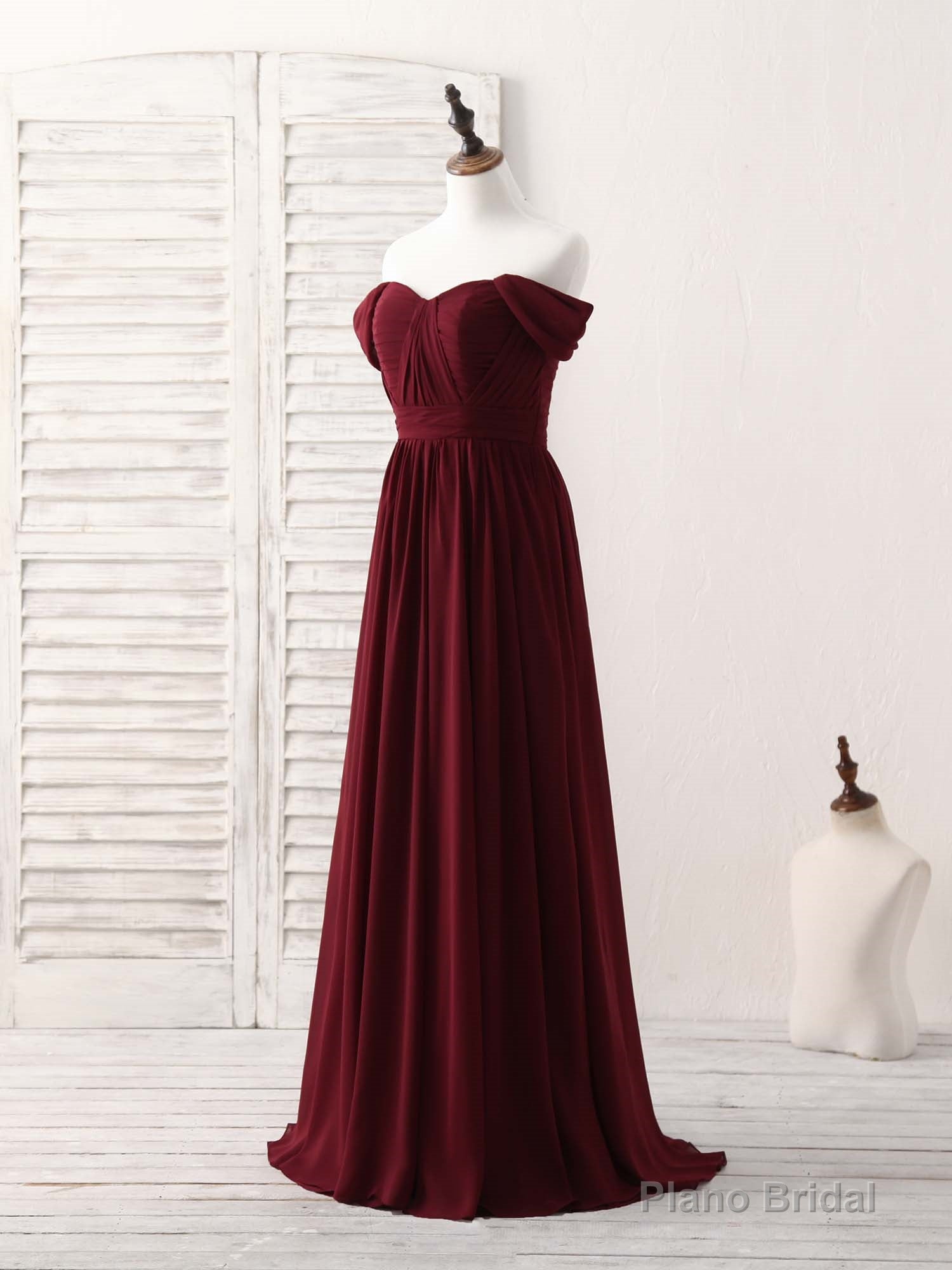 Burgundy Chiffon Off Shoulder Long Prom Dress Burgundy Bridesmaid Dress Secondary image