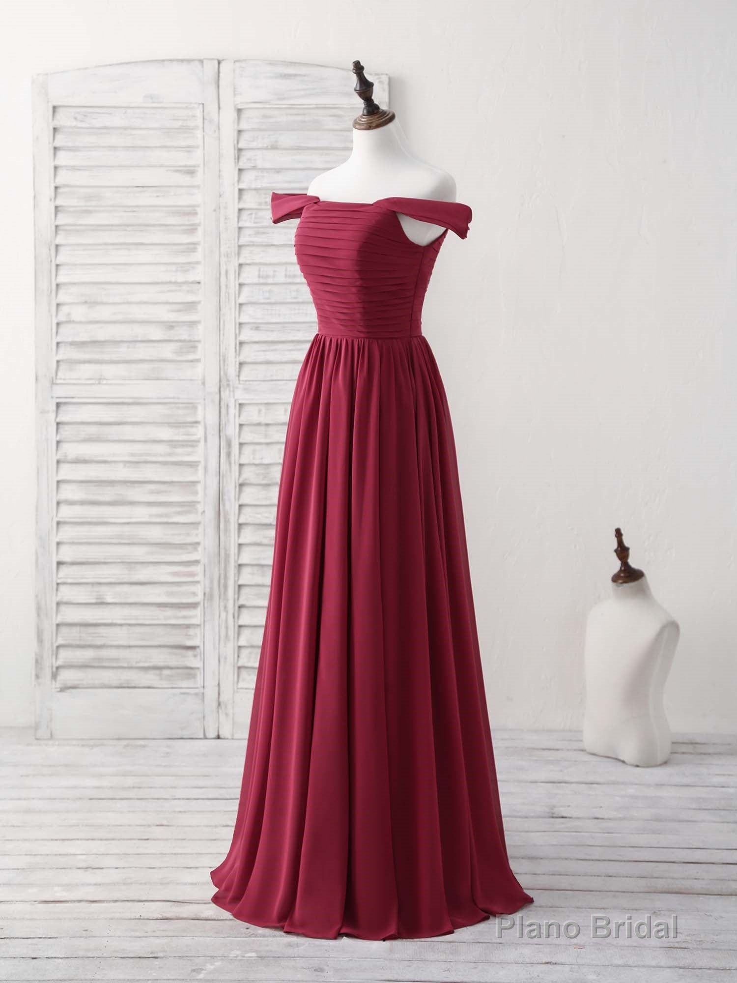 Burgundy Chiffon Off Shoulder Long Prom Dress Burgundy Bridesmaid Dress Secondary image