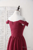 Burgundy Chiffon Off Shoulder Long Prom Dress Burgundy Bridesmaid Dress