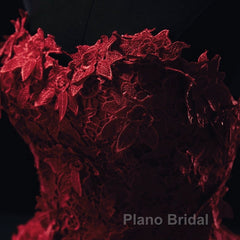 Burgundy Floral Lace Sweetheart Tulle Ball Gown Wedding Dresses