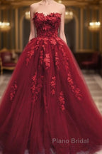 Burgundy Floral Lace Sweetheart Tulle Ball Gown Wedding Dresses