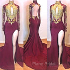 Burgundy Gold Appliques Long Sleevess Side Slit Open Back Mermaid Formal Prom Dresses
