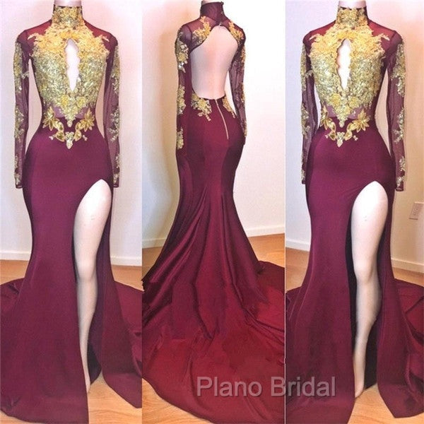 Burgundy Gold Appliques Long Sleevess Side Slit Open Back Mermaid Formal Prom Dresses