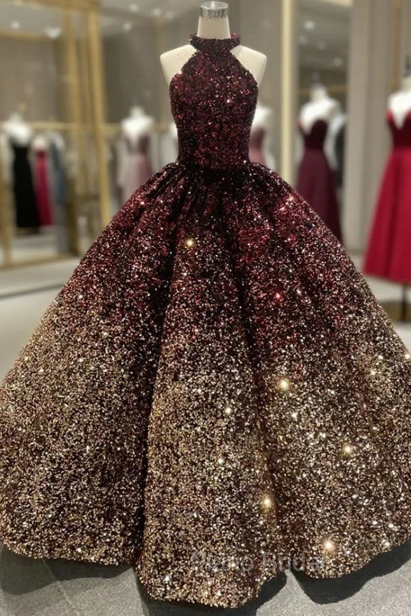 Burgundy Gold Sequins Halter Formal Prom Dresses Main image