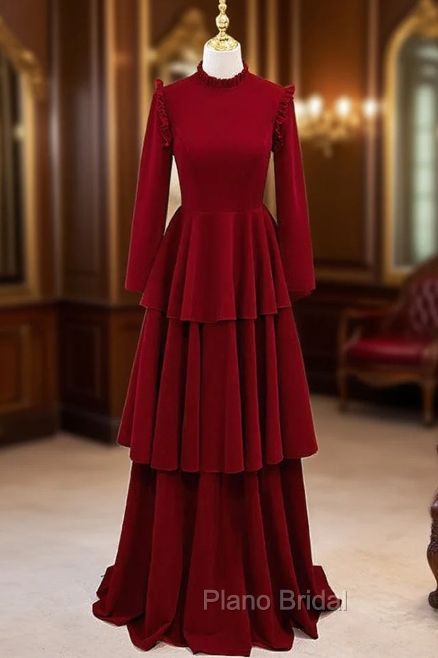 Burgundy High Neck Long Sleeve Formal Prom Dresses Main image