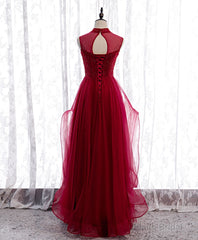 Burgundy High Neck Tulle Sequin Beads Long Evening Dresses