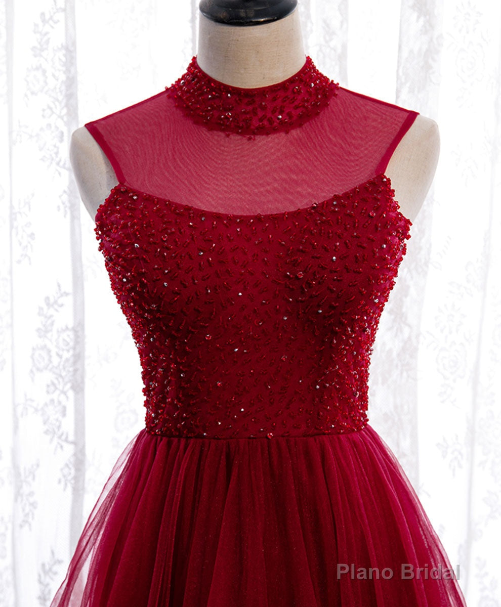 Burgundy High Neck Tulle Sequin Beads Long Evening Dresses