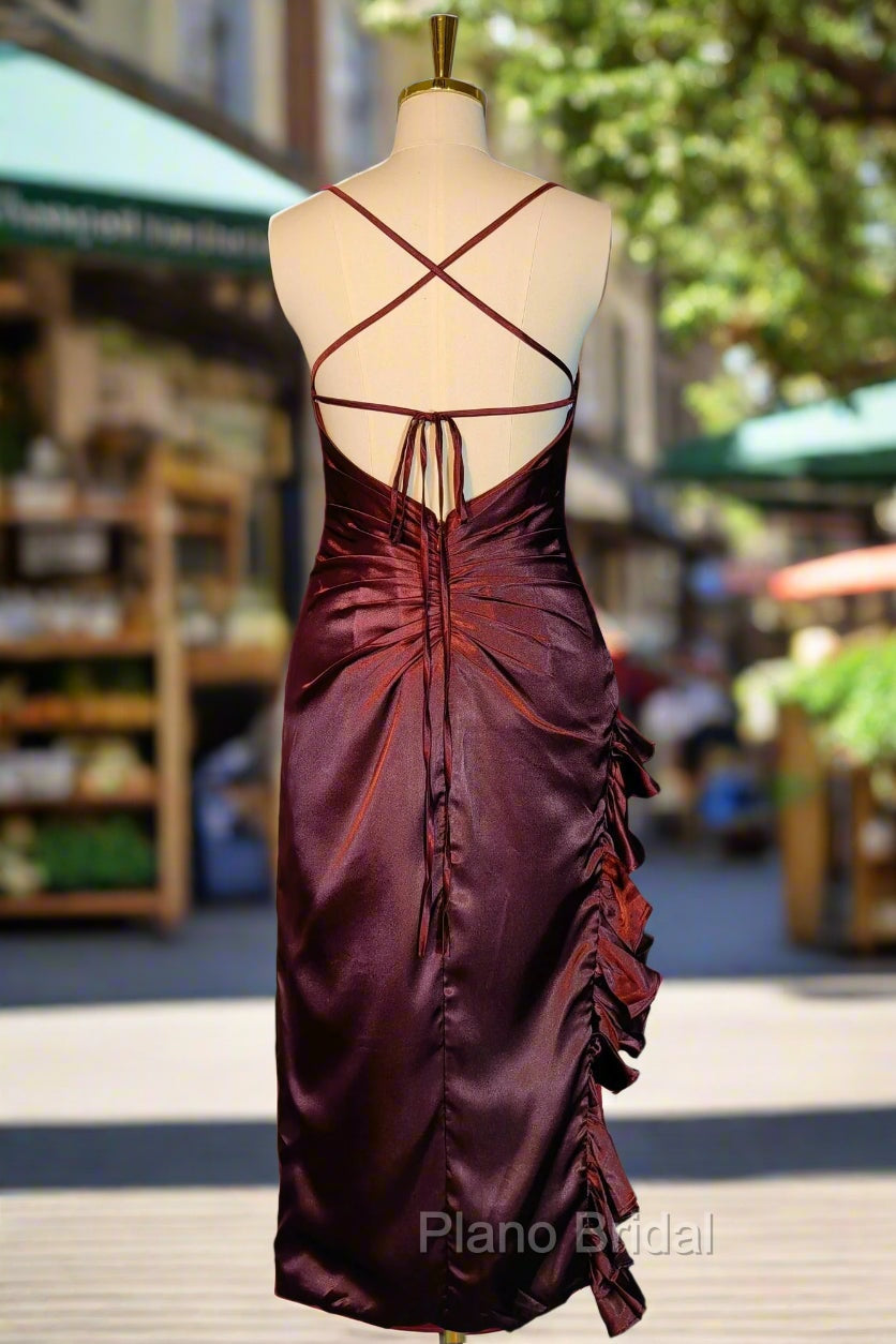 Burgundy Homecoming Dresses Vintage Backless Ruffle Asymmetrical Midi Length Party Dresses