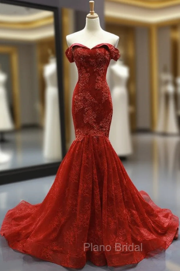 Burgundy Lace Mermaid Off The Shoulder Formal Prom Dresses With Beading