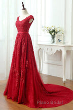 Burgundy Lace Formal Prom Dresses with Train, Wine Red Lace Formal Evening Dresses
