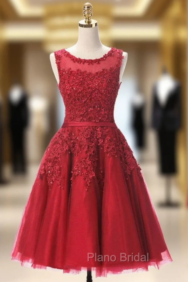 Burgundy Lace Short Beaded Homecoming Dresses Main image