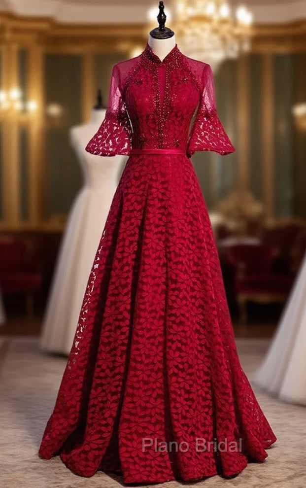 Burgundy Lace Short Sleeve Handwork Beading Formal Prom Dresses Main image