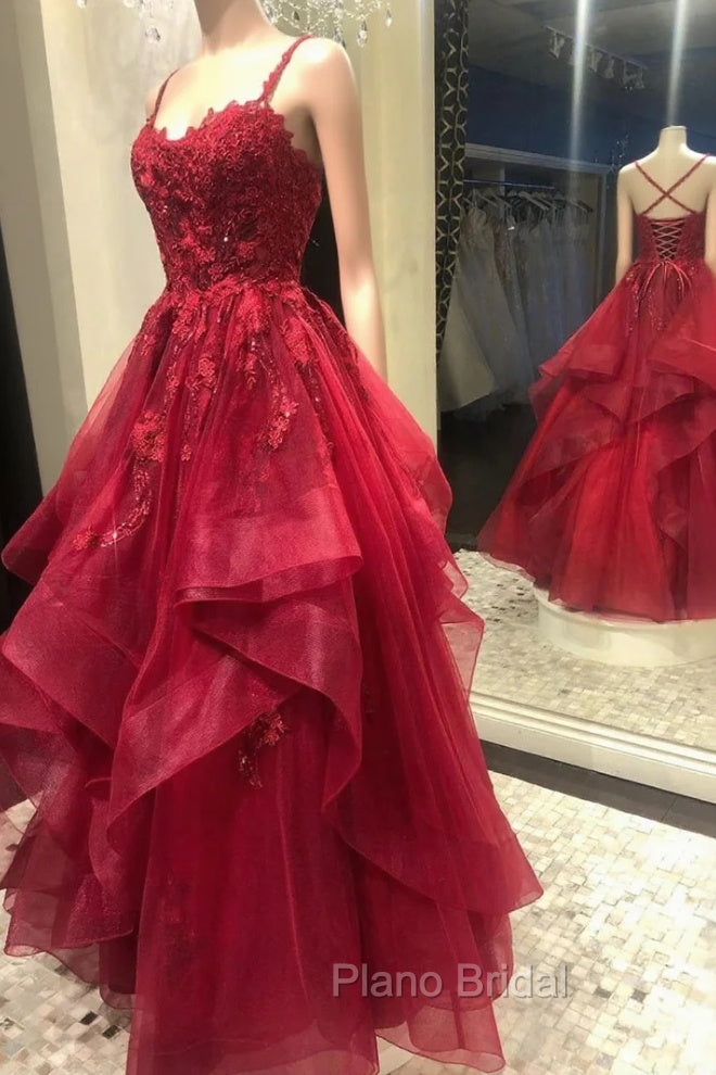 Burgundy Lace Tulle Layers Long Formal Prom Dresses, A-Line Evening Party Dresses
