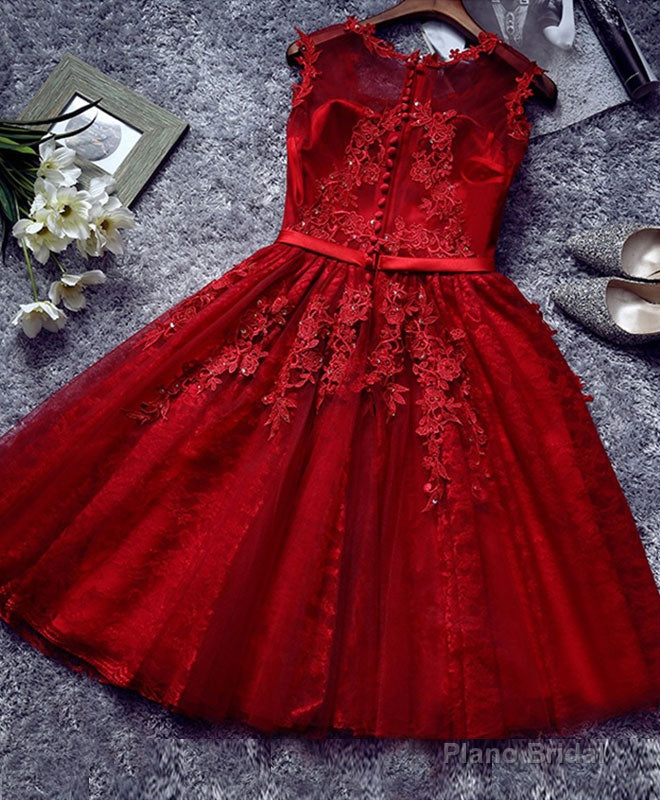 Burgundy Lace Tulle Short Prom Dress, Lace Homecoming Dresses Secondary image
