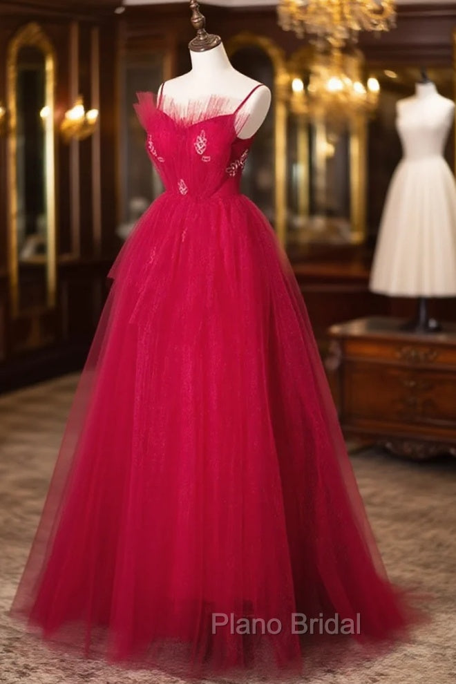 Burgundy Layered Tulle Long Formal Prom Dresses, Wine Red Long Formal Evening Dresses Main image