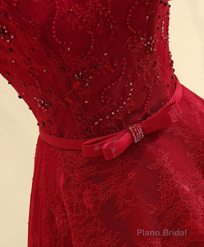 Burgundy Line  Lace Long Prom Dress, Burgundy Evening Dress Secondary image